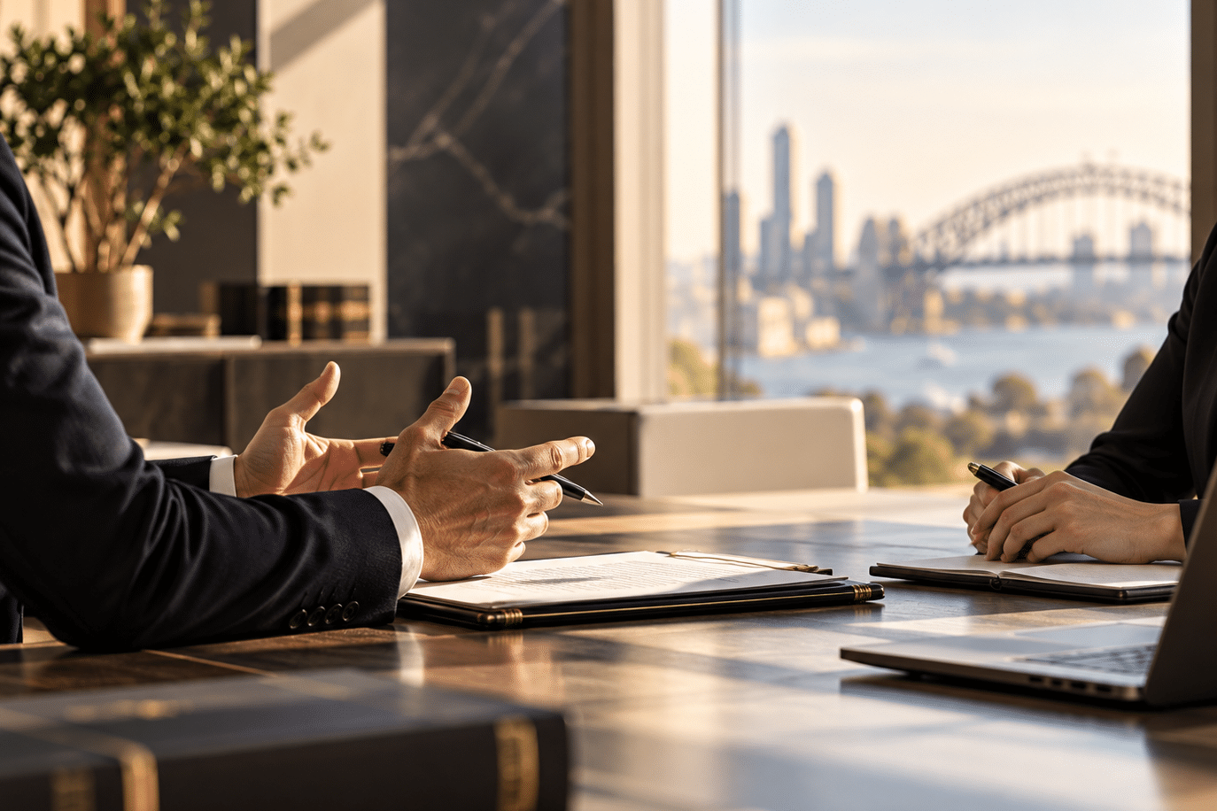 Sydney dispute resolution lawyers discussing legal documents in a professional law office